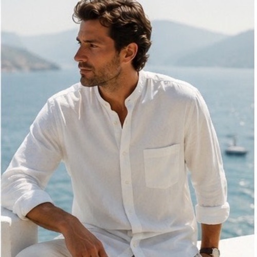 Moda Collezione White Band Collar Shirt XL Coastal Resort Cotton